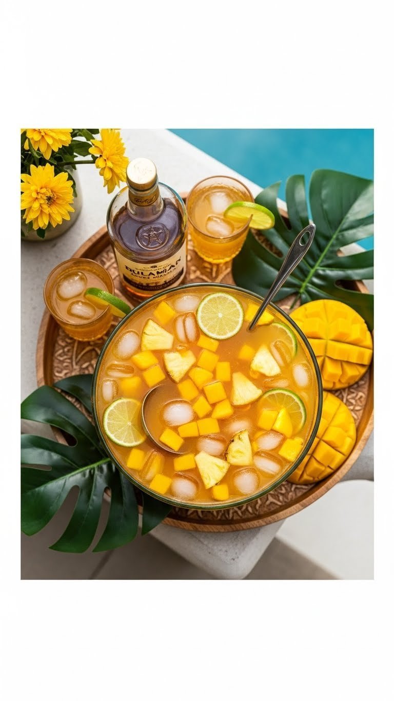 Boozy mango rum punch in festive bowl with tropical fruit chunks and ladle