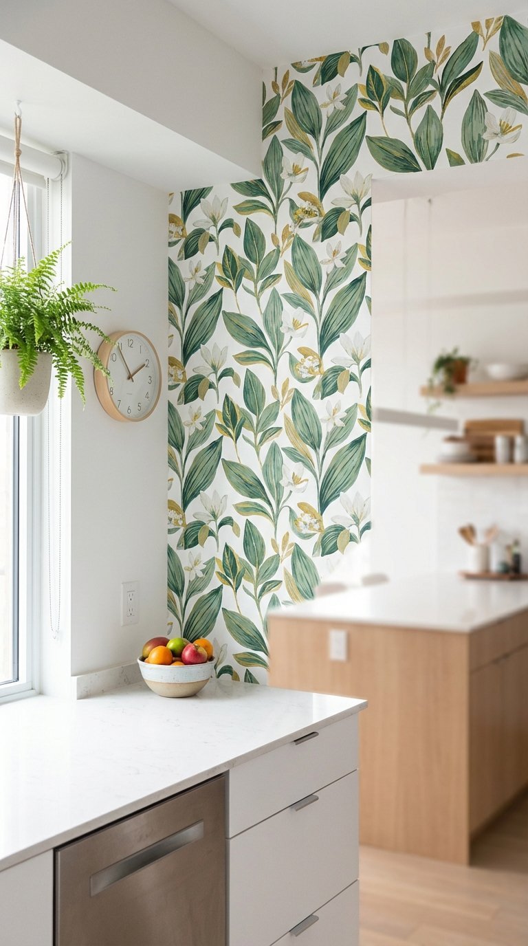 Botanical-patterned removable wallpaper accent wall brightening apartment kitchen with hanging plant