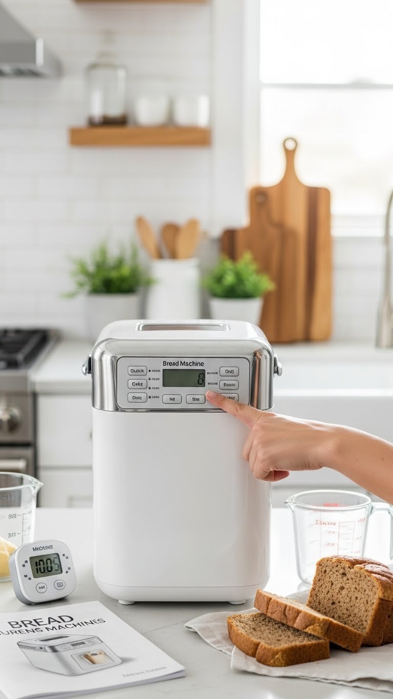 Bread machine control panel with hand pointing to optimal cycle selection for zucchini bread recipes.