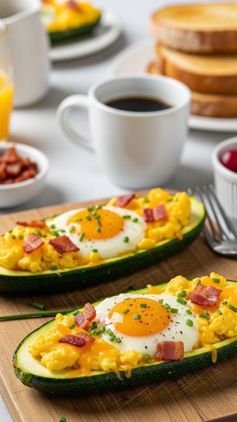 Breakfast zucchini boats with baked eggs, crispy bacon, and melted cheddar cheese on rustic wooden board