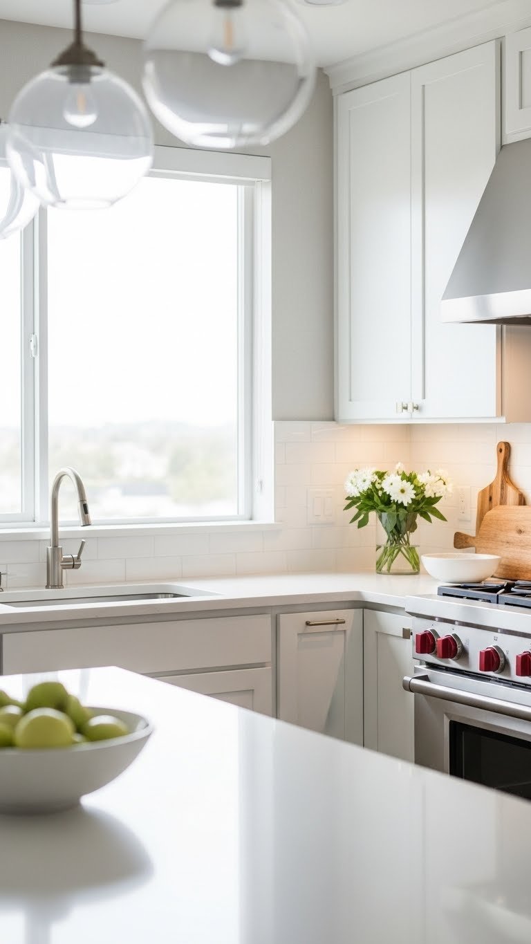 Bright L-shaped apartment kitchen with strategic LED lighting, white subway tile backsplash and reflective quartz countertops