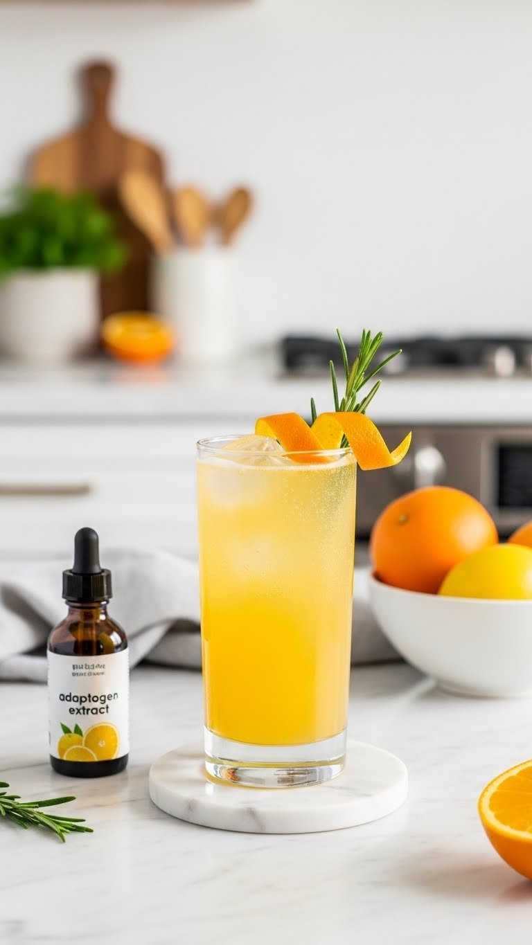 Drink Ideas Mocktails: 7 Elevated Recipes For Adults 5 Bright adaptogenic citrus elixir mocktail in highball glass with orange peel and rosemary garnish.