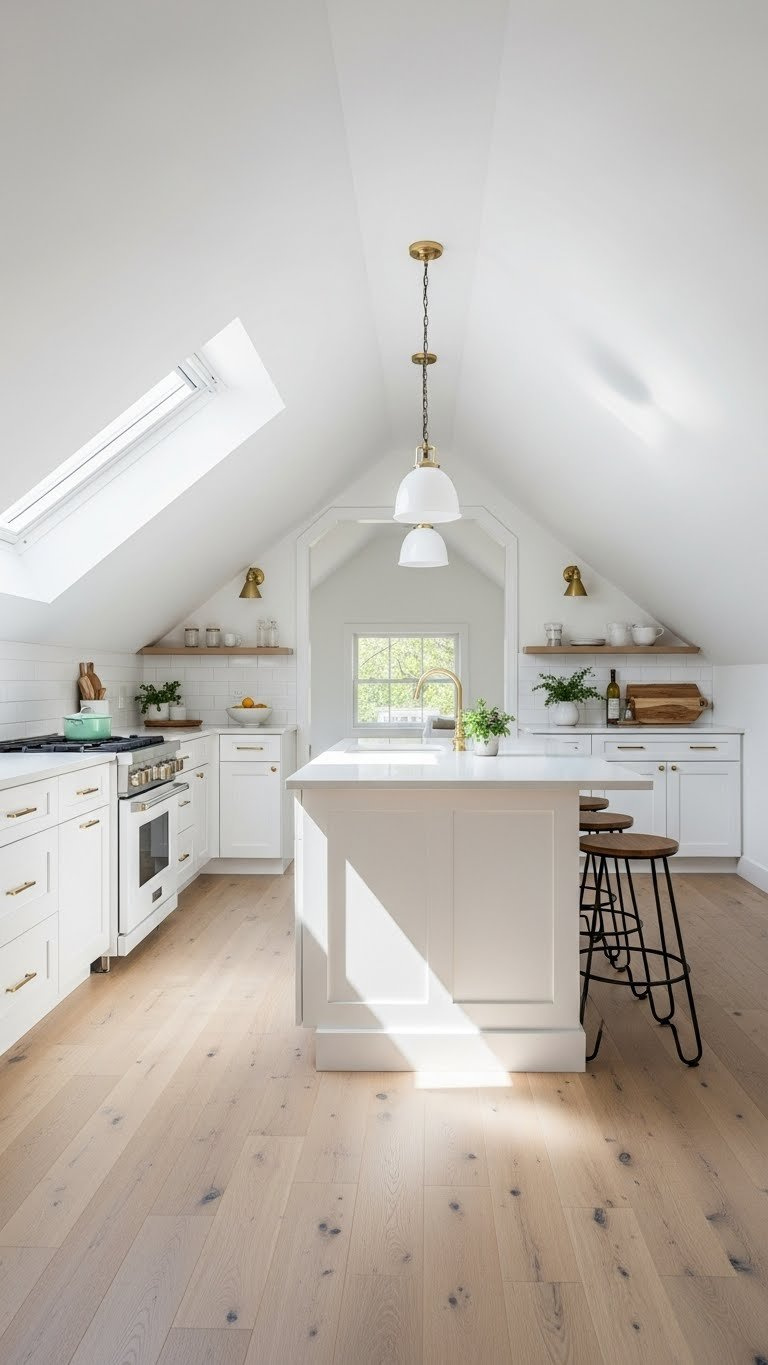 11 Genius Attic Kitchen Ideas For Slanted Ceilings 7 Bright airy attic kitchen dramatically illuminated by skylight highlighting natural light interplay with slanted ceiling
