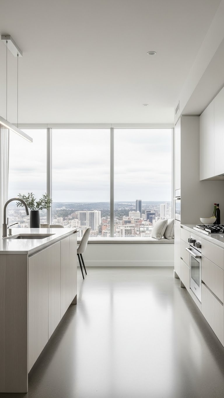 Bright airy luxury kitchen with floor-to-ceiling windows showcasing urban skyline view and abundant natural light