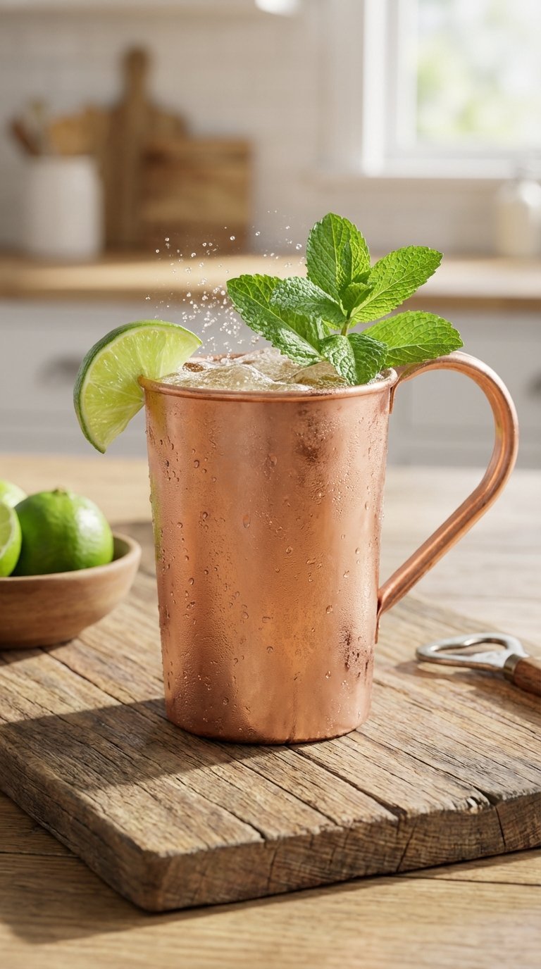 Bright bubbly ginger beer Moscow Mule in frosted copper mug with lime wedge and mint sprig