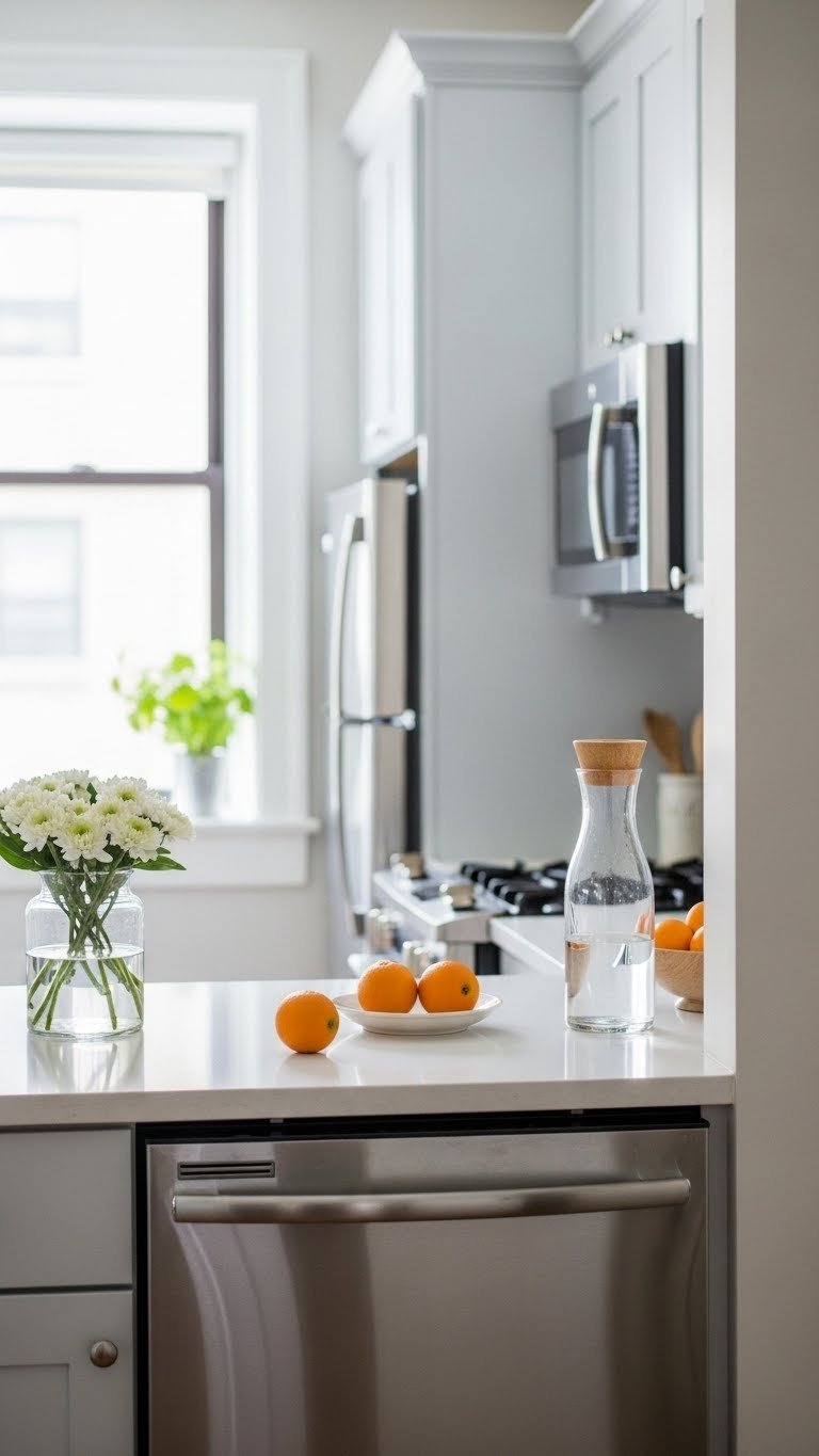 Bright compact kitchen with light gray walls, glossy countertops and reflective surfaces creating airy open atmosphere