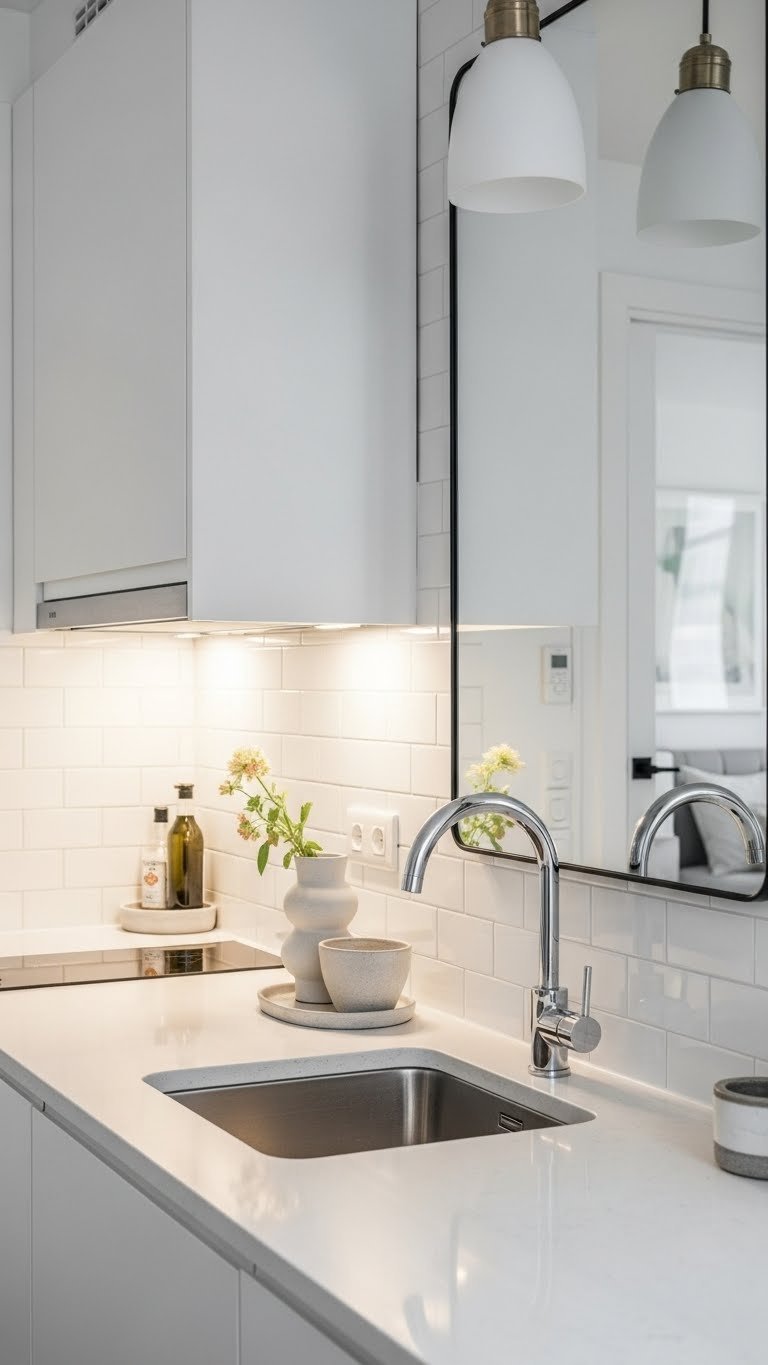 Bright, expansive kitchen area with strategic lighting and mirror reflecting natural light in studio apartment