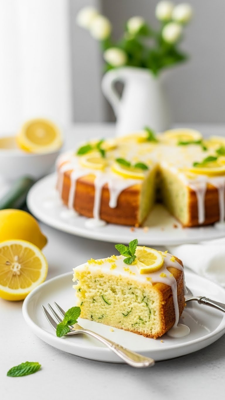 Bright flourless lemon zucchini cake with lemon glaze drizzle and fresh zest on white ceramic plate showing tender moist crumb.