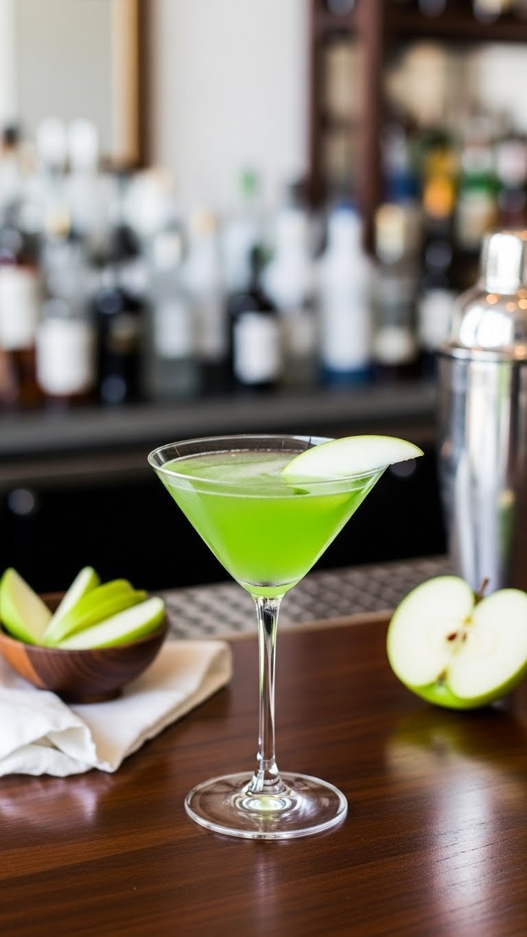 Bright green Appletini cocktail in classic martini glass garnished with thin apple slice on dark wood