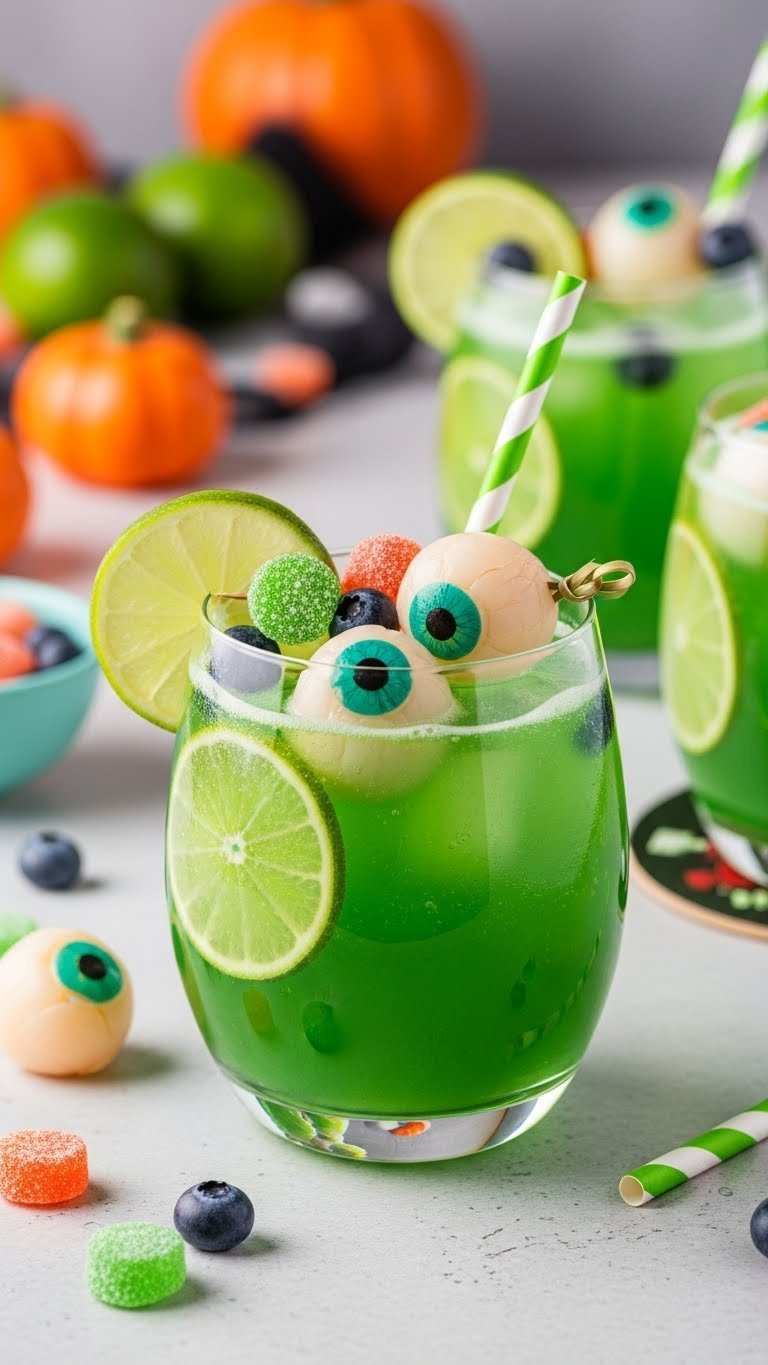 Bright green Monster Eye fruit punch with edible eyeballs floating on surface and lime garnish