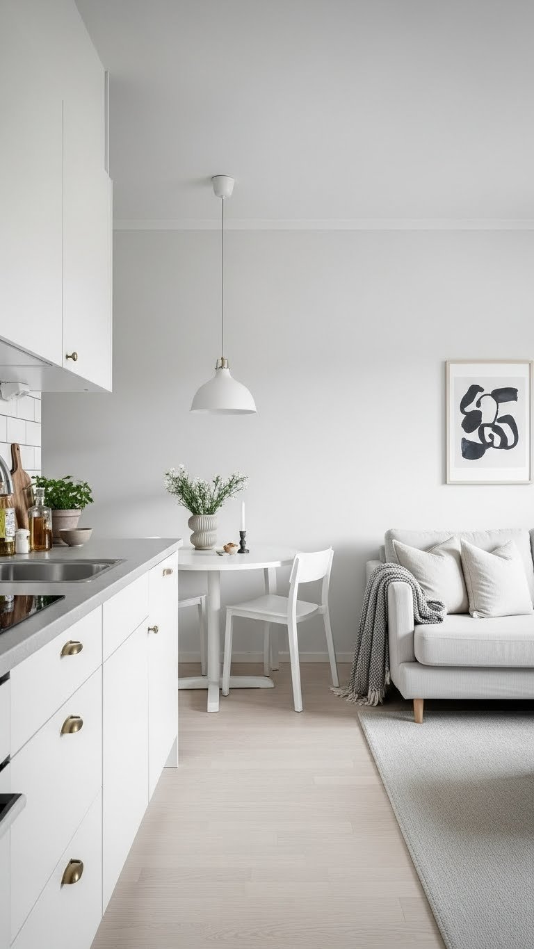 Bright monochromatic open-plan small apartment with seamless kitchen to living room color flow