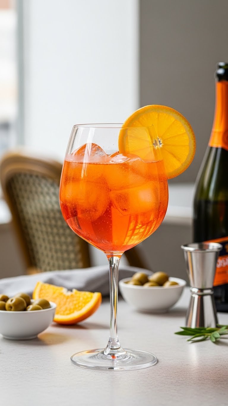 Bright orange Aperol Spritz cocktail with orange slice garnish in wine glass on stone surface