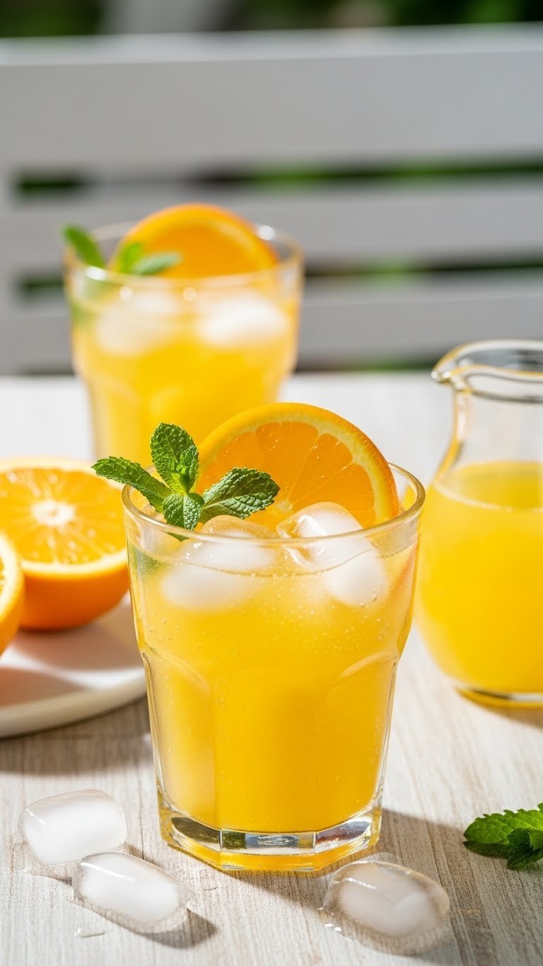 Bright orange Sprite cooler with orange slice and mint sprig in glass on rustic wooden table in sunlit setting