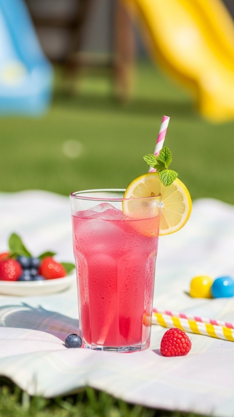 Bright pink lemonade in clear glass with colorful straw garnish on pastel picnic blanket.