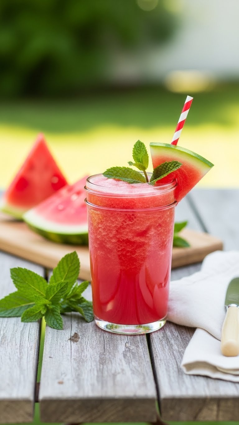 Bright pink-red Watermelon Mint Refresher mocktail with mint flecks in mason jar on rustic picnic table