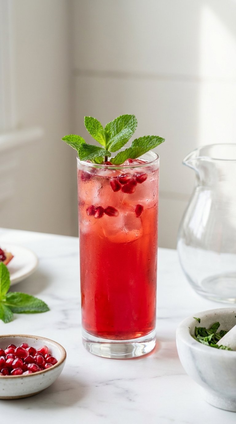 Bright ruby-red pomegranate mint non-alcoholic refresher in tall highball glass with mint leaves