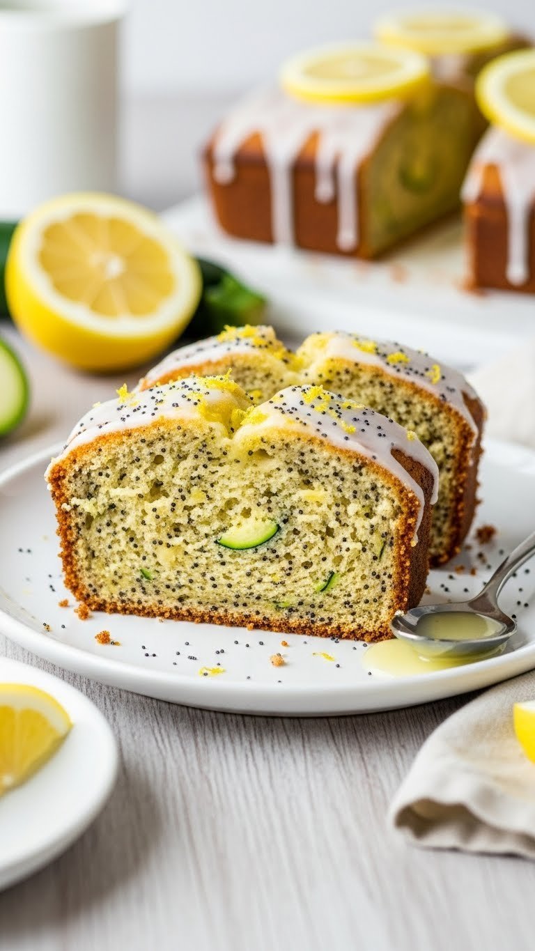 Bright slice of zesty lemon poppy seed eggless zucchini bread with glaze and fresh lemon garnish