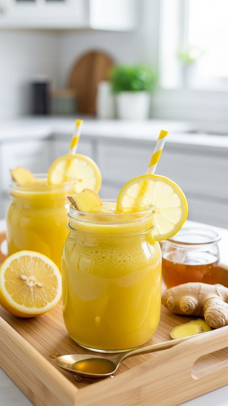 Bright yellow ginger lemon immune boosting smoothie in rustic glass jar with citrus garnish