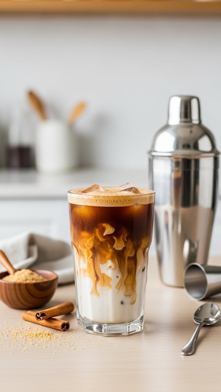 Brown Sugar Oatmilk Shaken Espresso with frothy layer and ice cubes on light wooden table with cinnamon stick garnish
