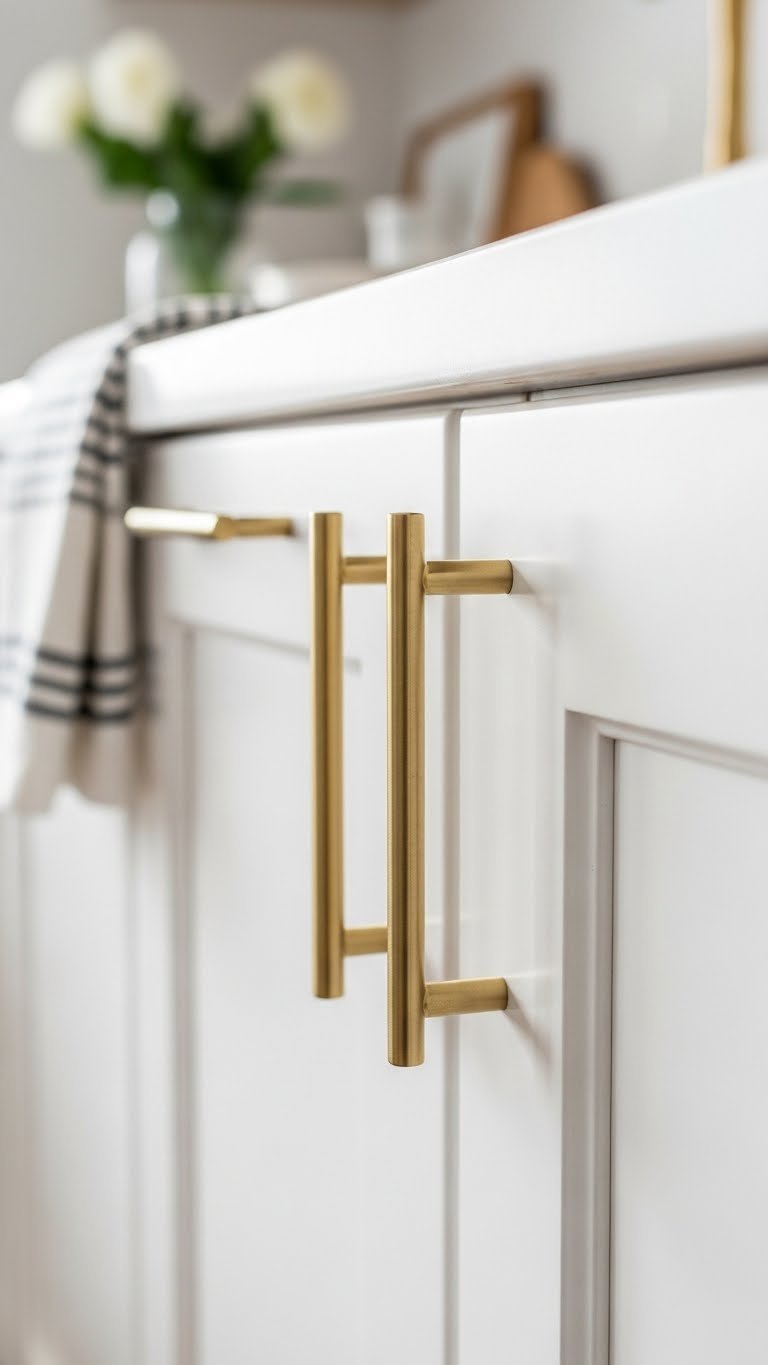 Brushed gold cabinet hardware on white kitchen cabinet with soft natural window light and elegant decor
