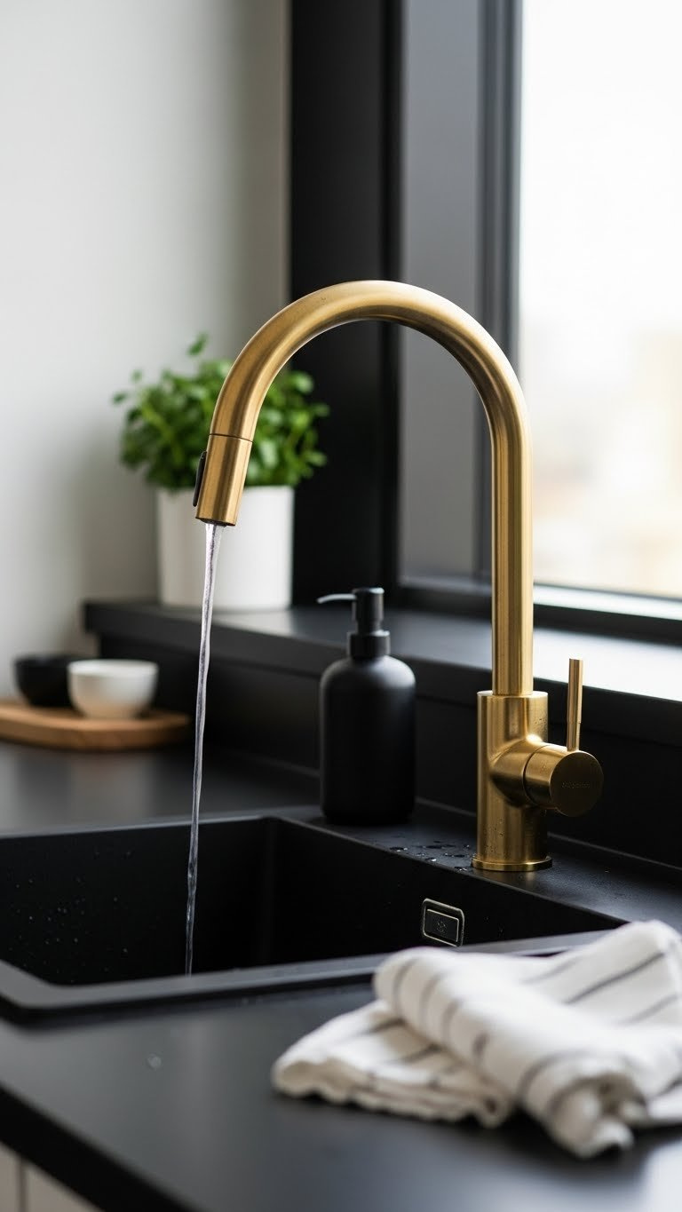 Brushed gold kitchen faucet arching over matte black sink with water droplets on dark countertop
