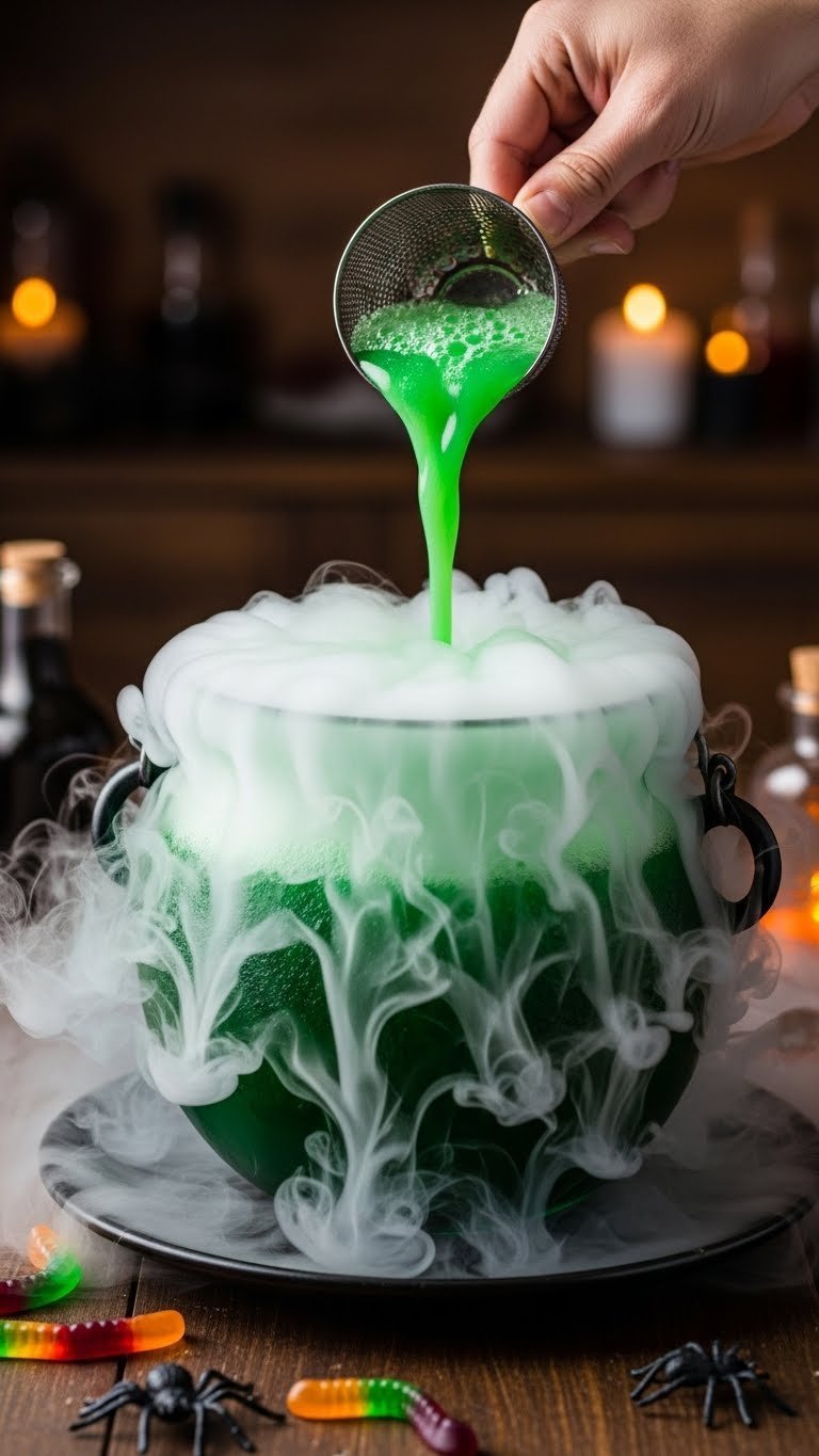 Bubbling cauldron filled with vibrant green witch's brew punch overflowing with eerie white smoke on dark wooden table