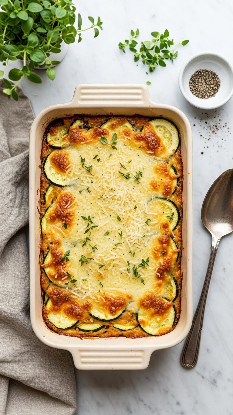Bubbling cheesy savory zucchini bake with parmesan crust on marble countertop with herbs and serving spoon