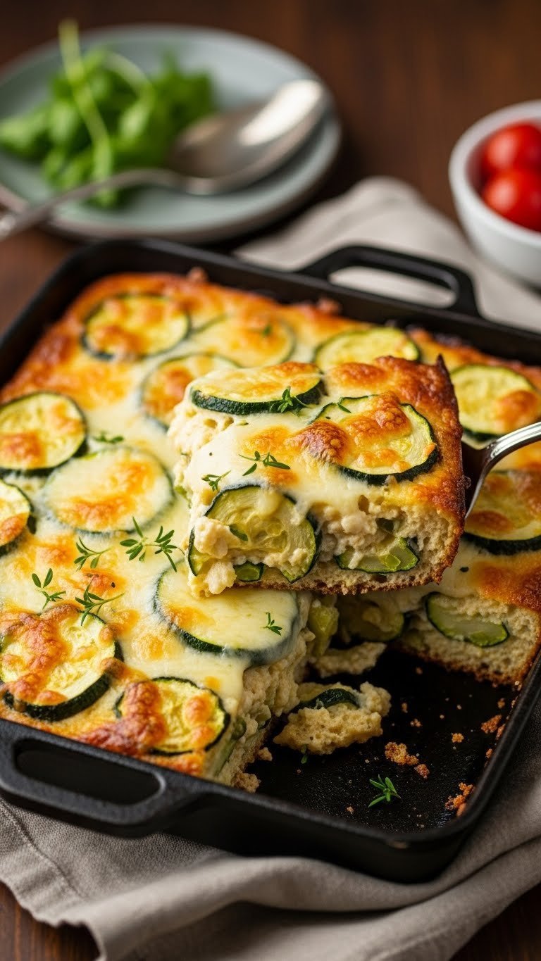Bubbling cheesy zucchini casserole bake with melted cheese and zucchini slices in rustic cast iron baking dish.