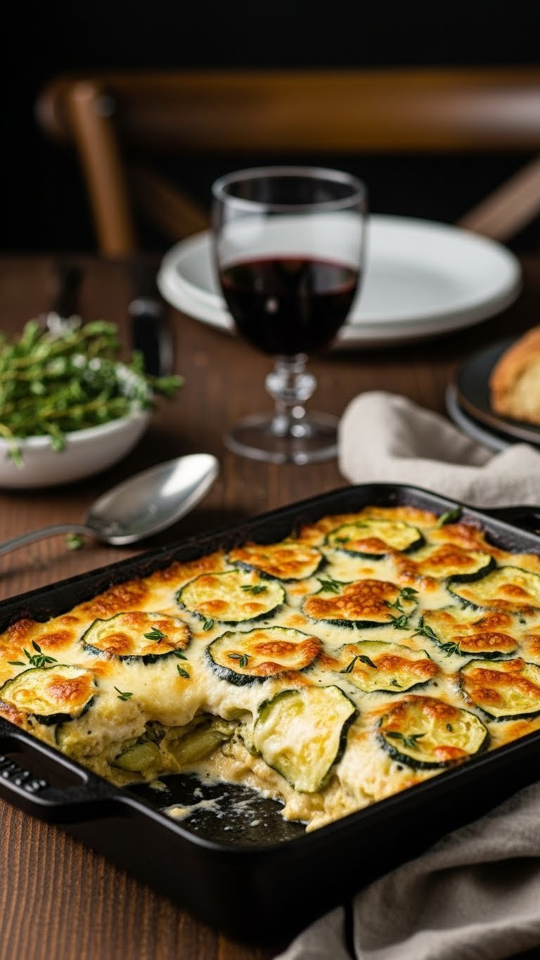 Bubbling keto zucchini gratin with parmesan cheese in cast-iron baking dish with thyme sprig