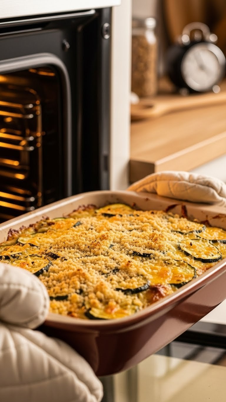 Bubbling zucchini casserole emerging from oven with melted cheese and golden brown crust
