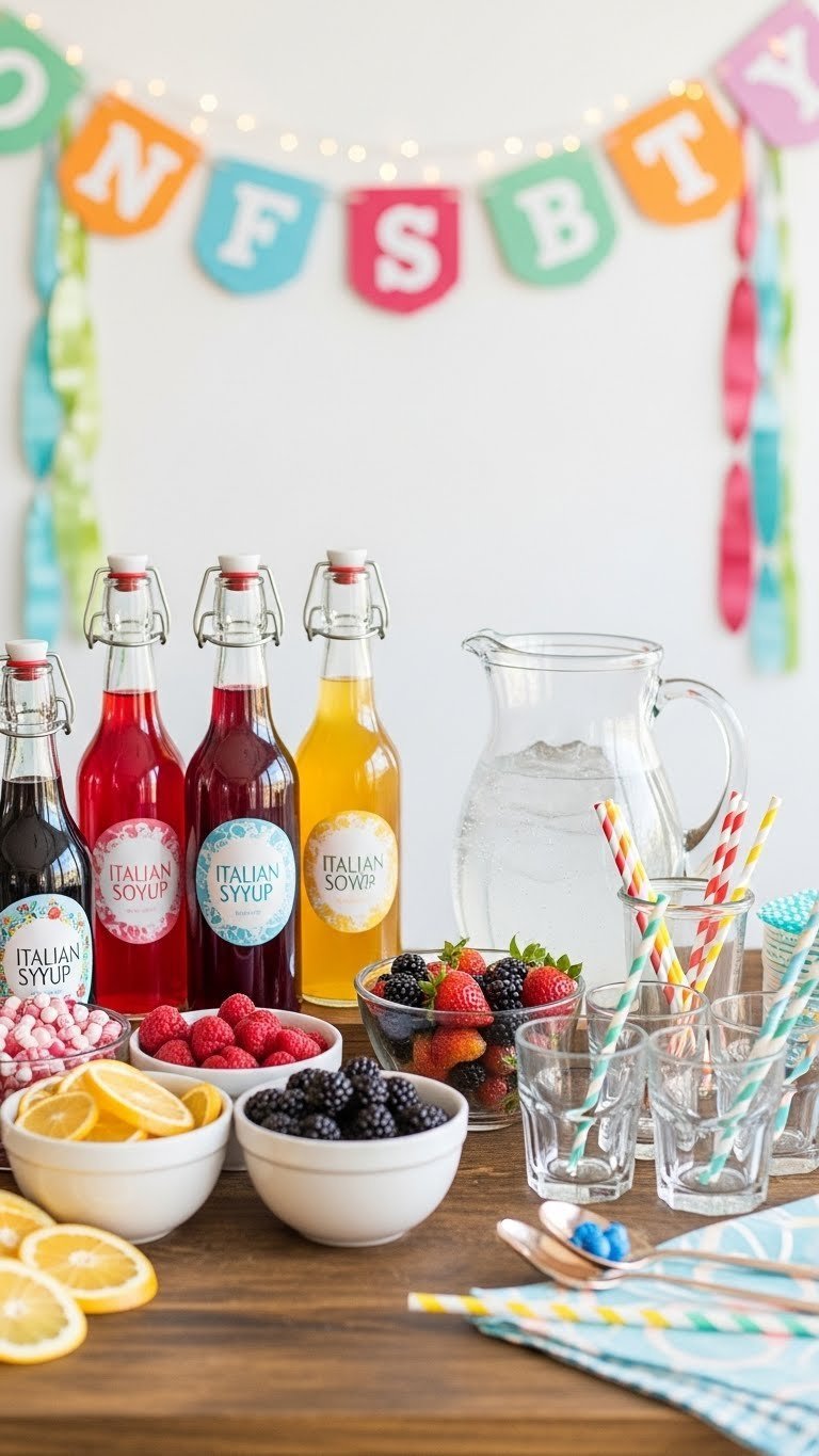Build-Your-Own Italian Soda Bar arrangement with colorful fruit syrups, sparkling water and fresh fruit garnishes on rustic table.