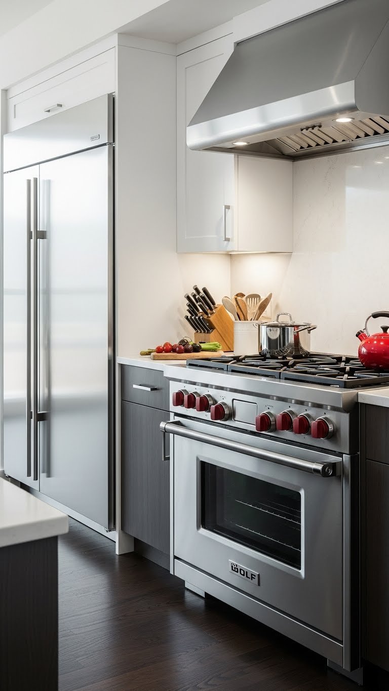 Built-in Sub-Zero refrigerator and Wolf range with signature red knobs in stainless steel professional-grade appliance setup