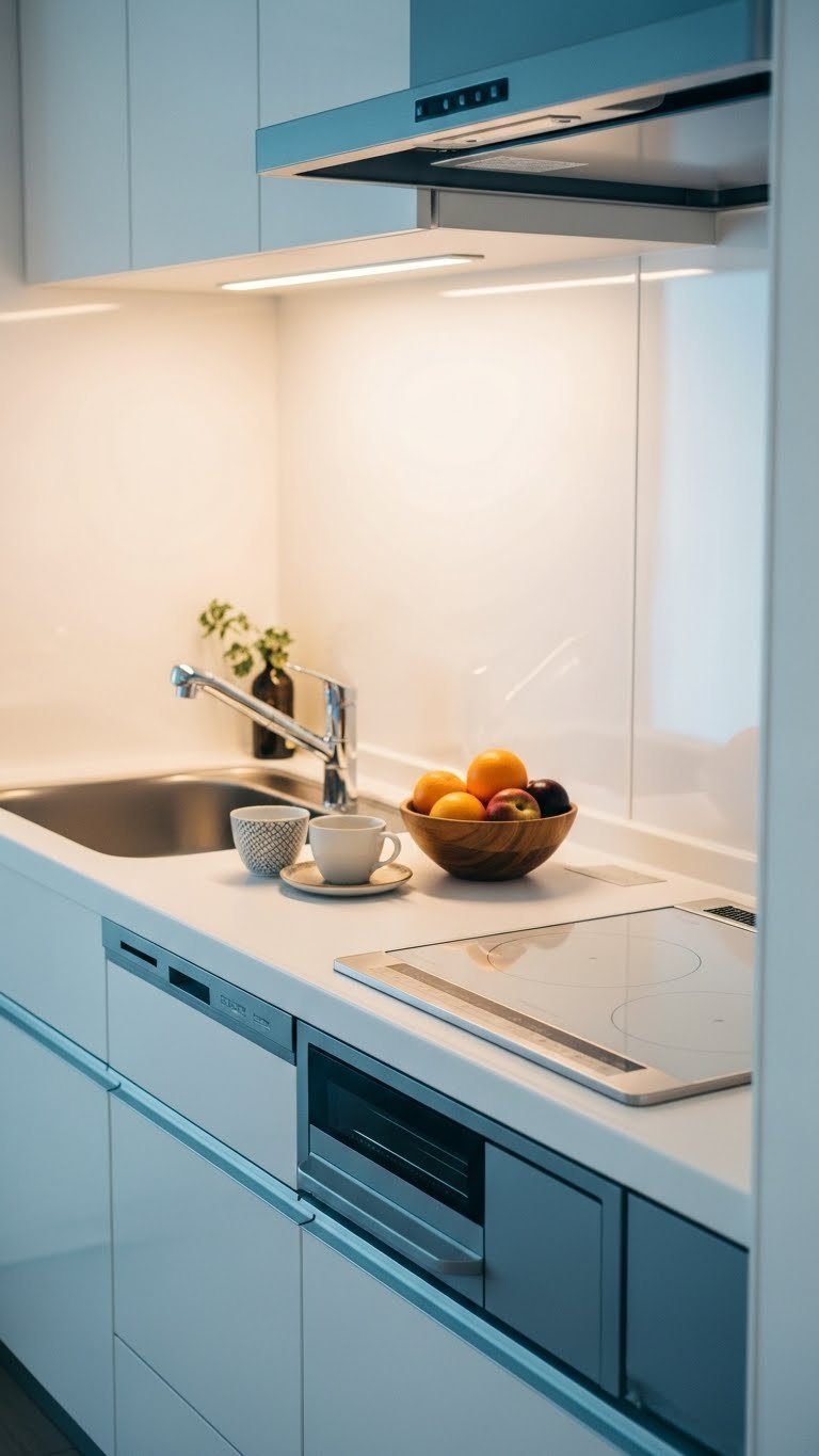 Built-in compact induction cooktop and discreet dishwasher seamlessly integrated into white countertop in Japanese kitchen