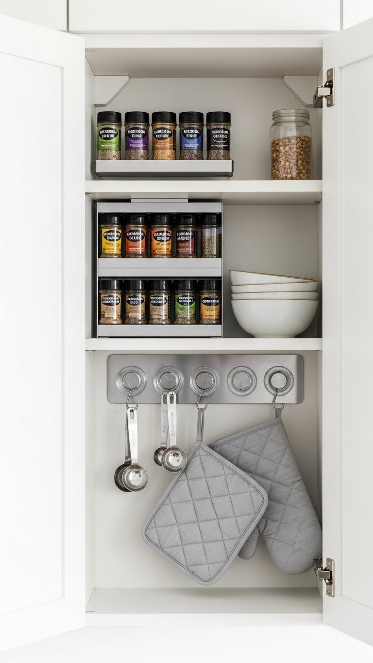 Cabinet door magnetic spice rack with uniform jars and command hook organizers in studio apartment kitchen storage