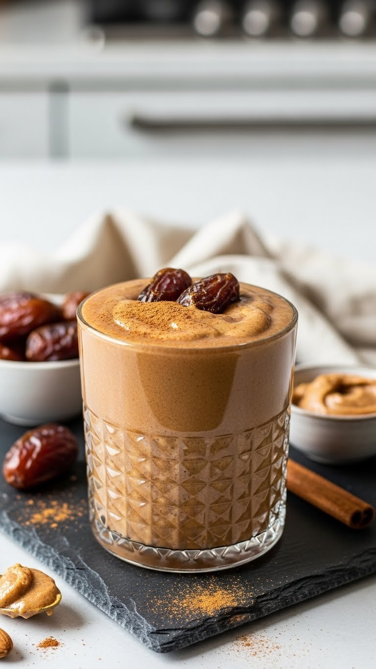 Caramel-brown dates almond butter smoothie in elegant glass with cinnamon sprinkle garnish