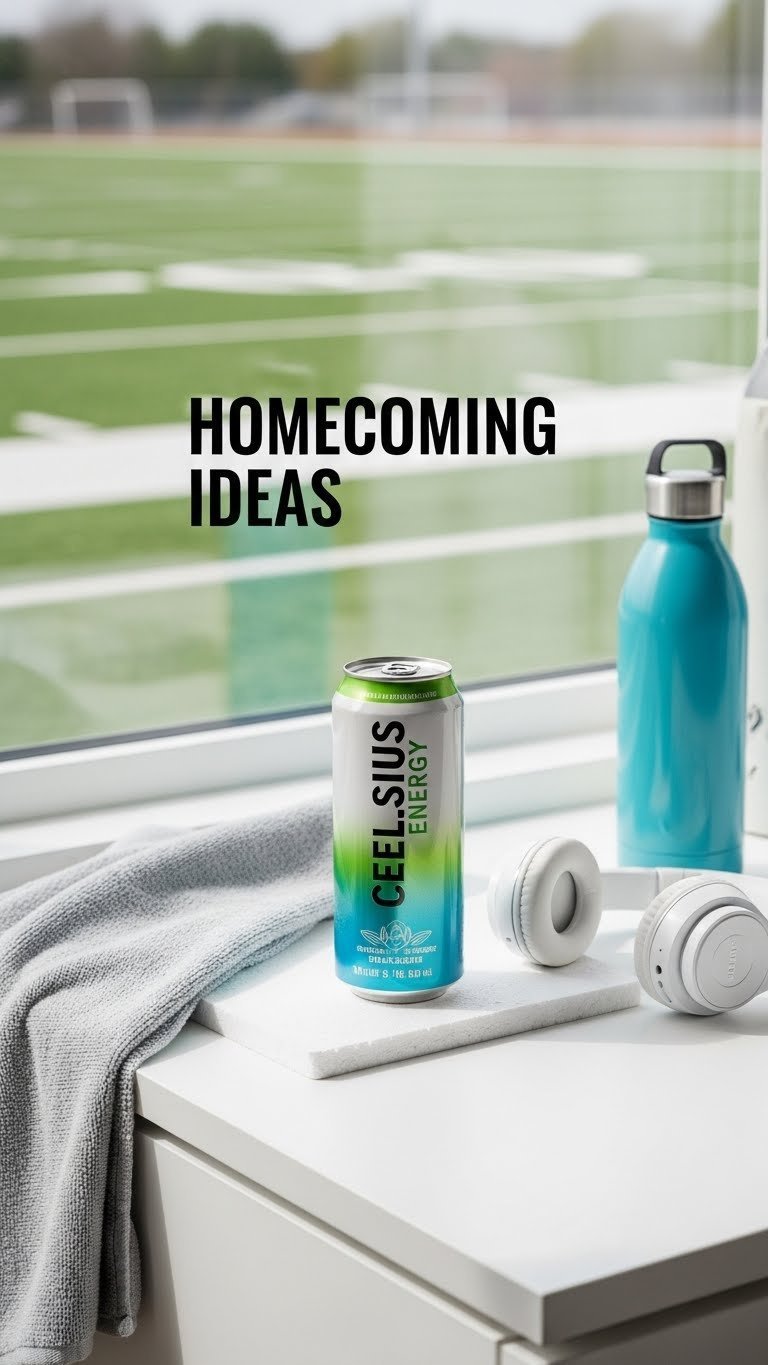Celsius Energy drink can on clean white foam board with athletic accessories for minimalist hoco poster