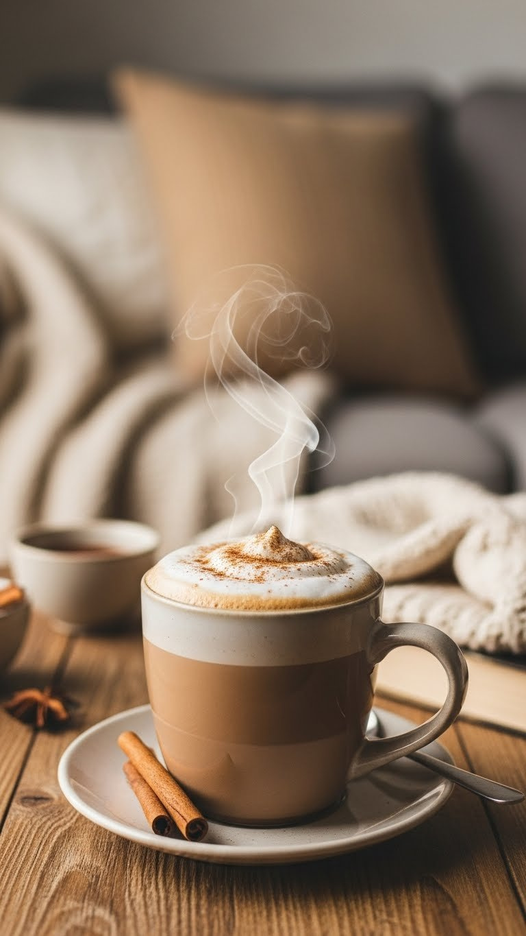 Chai Tea Latte with cinnamon dusting in ceramic mug on rustic wooden table