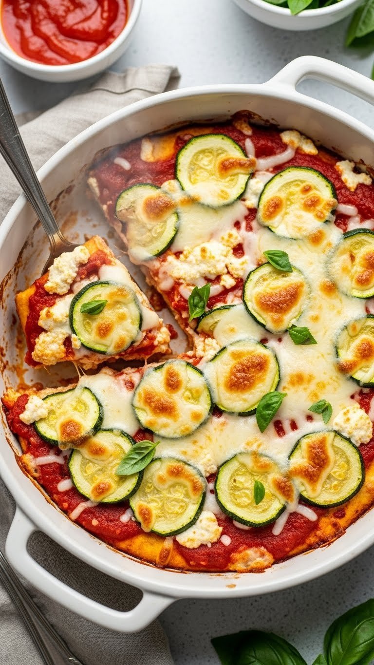 Zucchini Pizza Bake: Easy Crispy Low-Carb Recipe 5 Cheesy zucchini pizza casserole with melted mozzarella, ricotta cheese, pizza sauce, and zucchini slices in white ceramic dish