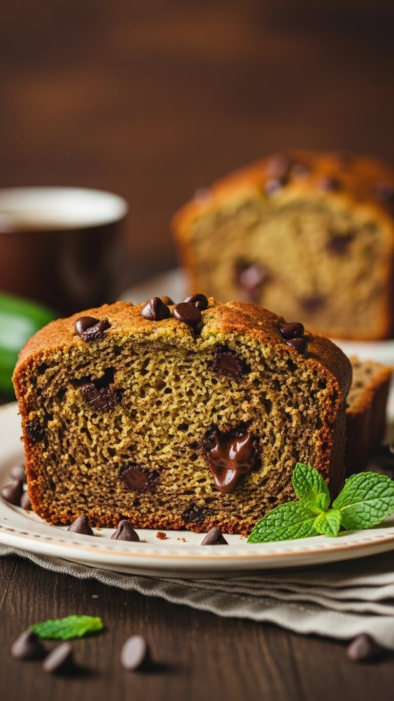 Chocolate chip zucchini bread slice with melted chocolate chips on vintage ceramic plate in cozy kitchen setting.