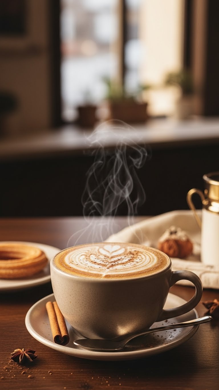 Churro signature latte with cinnamon sprinkle in ceramic mug on dark wooden countertop
