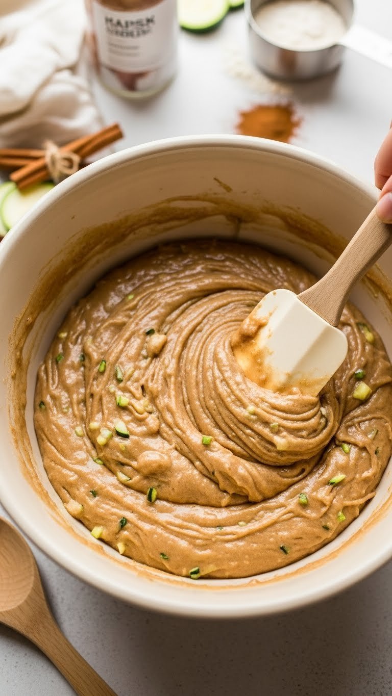 Cinnamon-spiced zucchini coffee cake batter in a ceramic mixing bowl being folded with a silicone spatula showing golden-brown texture