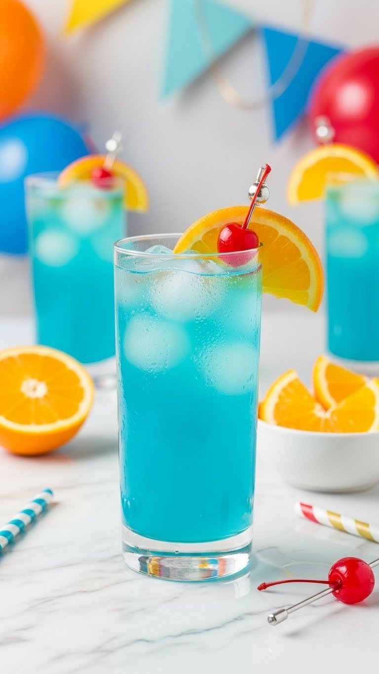 Classic Blue Lagoon mocktail in tall clear highball glass with orange slice garnish on white marble countertop with festive background bokeh