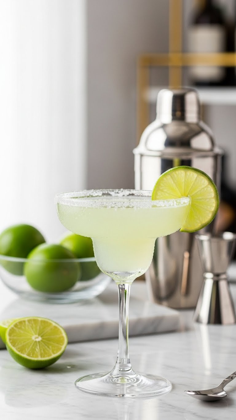 Classic Margarita cocktail in chilled coupe glass with salted rim, lime garnish, and condensation against marble background
