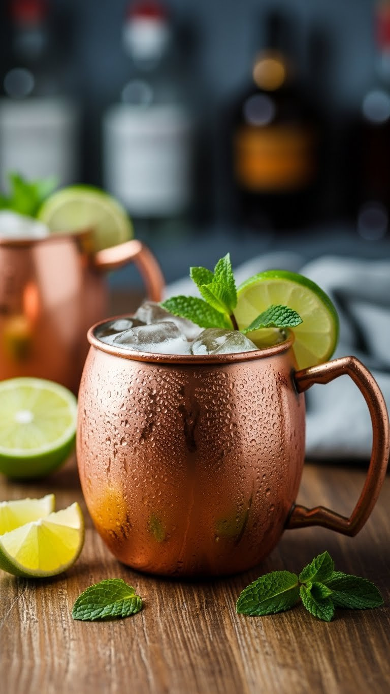 Classic Moscow Mule cocktail in copper mug with lime wedge garnish and condensation droplets against rustic wooden table background