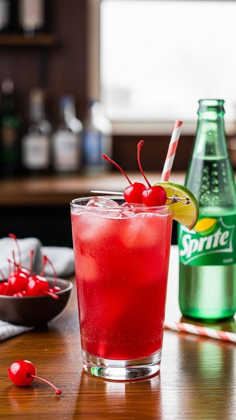 Classic Shirley Temple drink with maraschino cherries and lime wedge in highball glass on polished bar top