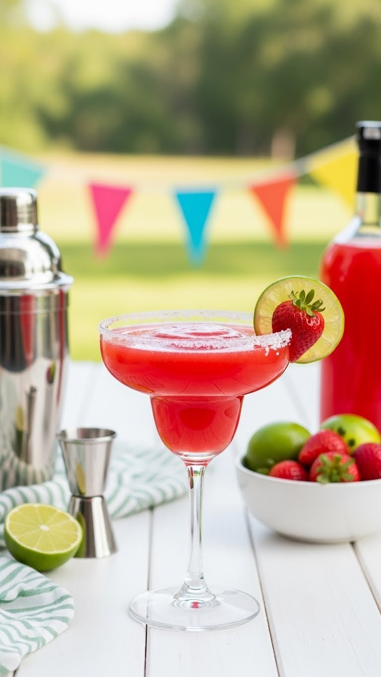 Classic margarita glass with vibrant ruby-red big red margarita and strawberry garnish on clean white table
