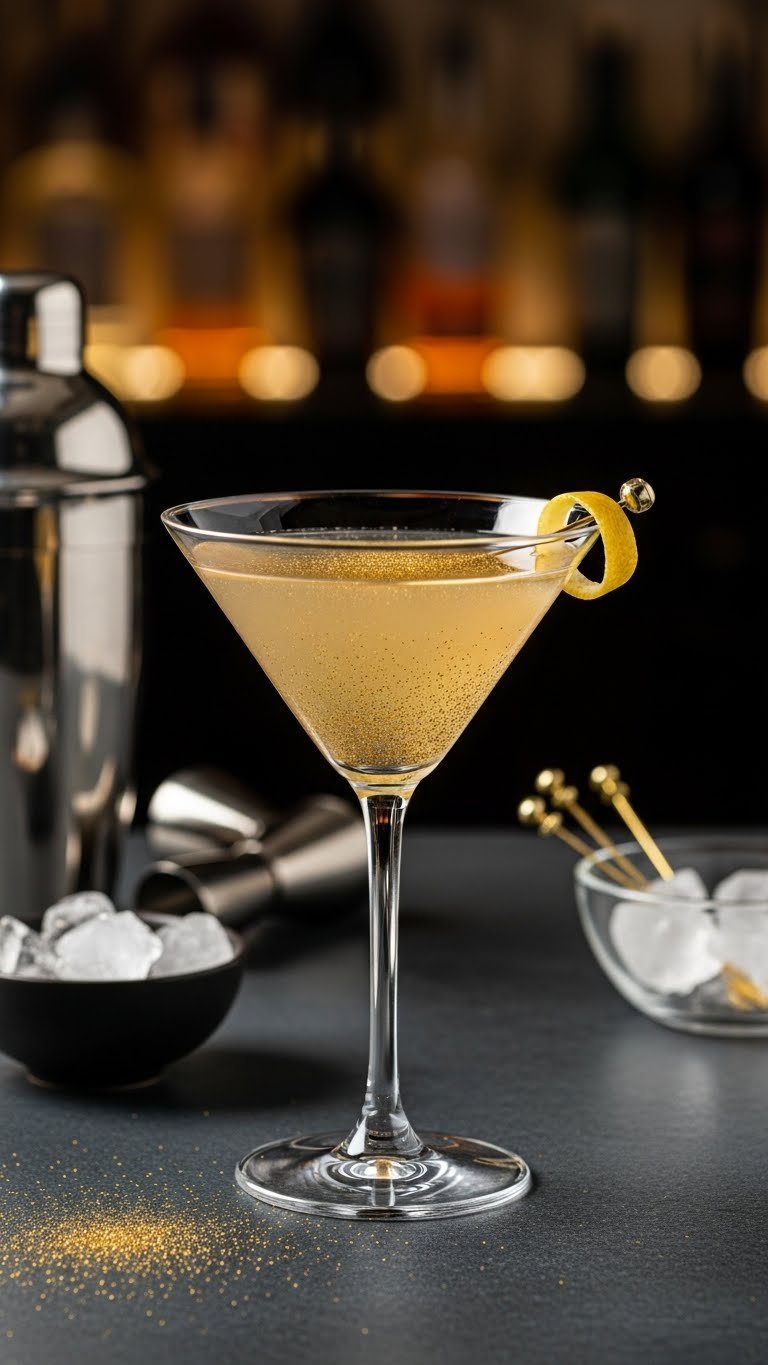 Classic martini glass with golden glitter cocktail featuring shimmering edible gold and lemon twist garnish on dark stone