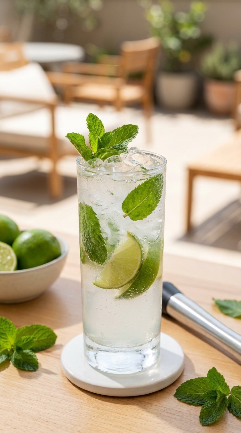 Classic mojito cocktail in tall collins glass with crushed ice, mint leaves, and lime wedges
