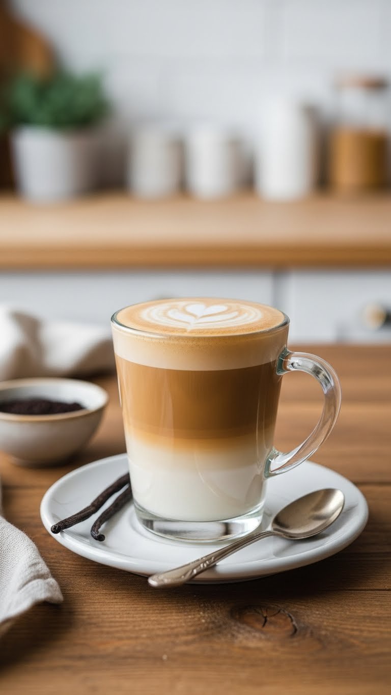 Classic vanilla latte in clear glass mug with golden espresso layers and heart latte art on rustic wooden table