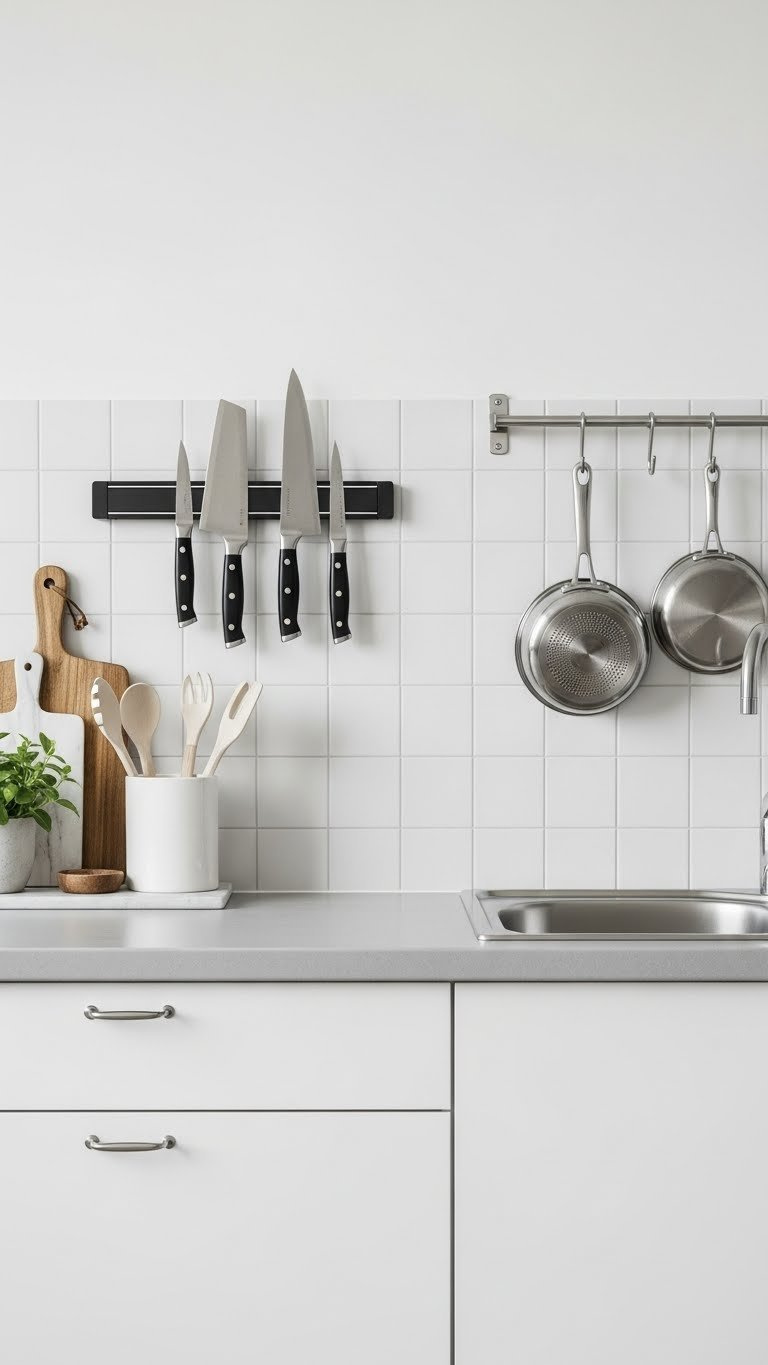 Clean kitchen countertop with magnetic knife strip holding minimalist knives and compact wall-mounted pot rack